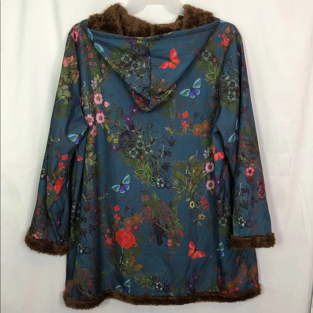 EMERY ROSE Floral & Butterfly Print Contrast Trim Hooded Coat  3XL